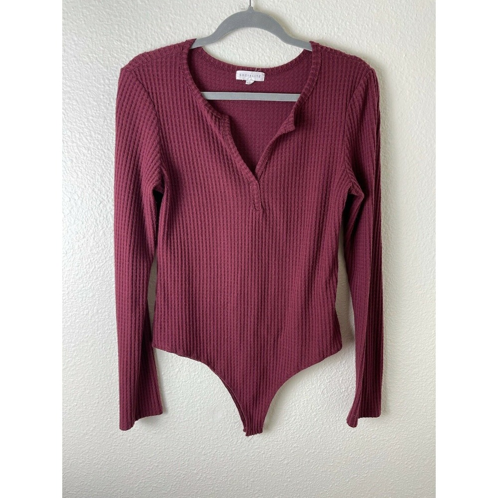 Socialite Bodysuit‎ Waffle Knit Split V-Neck L Long Sleeve Maroon Red